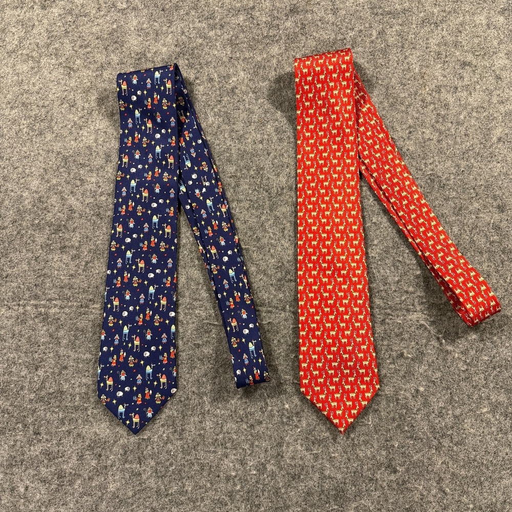Salvatore Ferragamo Silk Ties Mens Lot 2 Red Reindeer Nativity Christmas‎ Italy